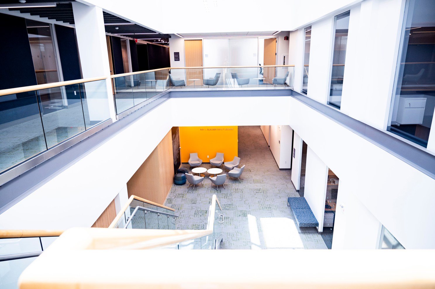 A sunny area inside the David E. and Stacey L. Goel Quantum Science and Engineering Building.