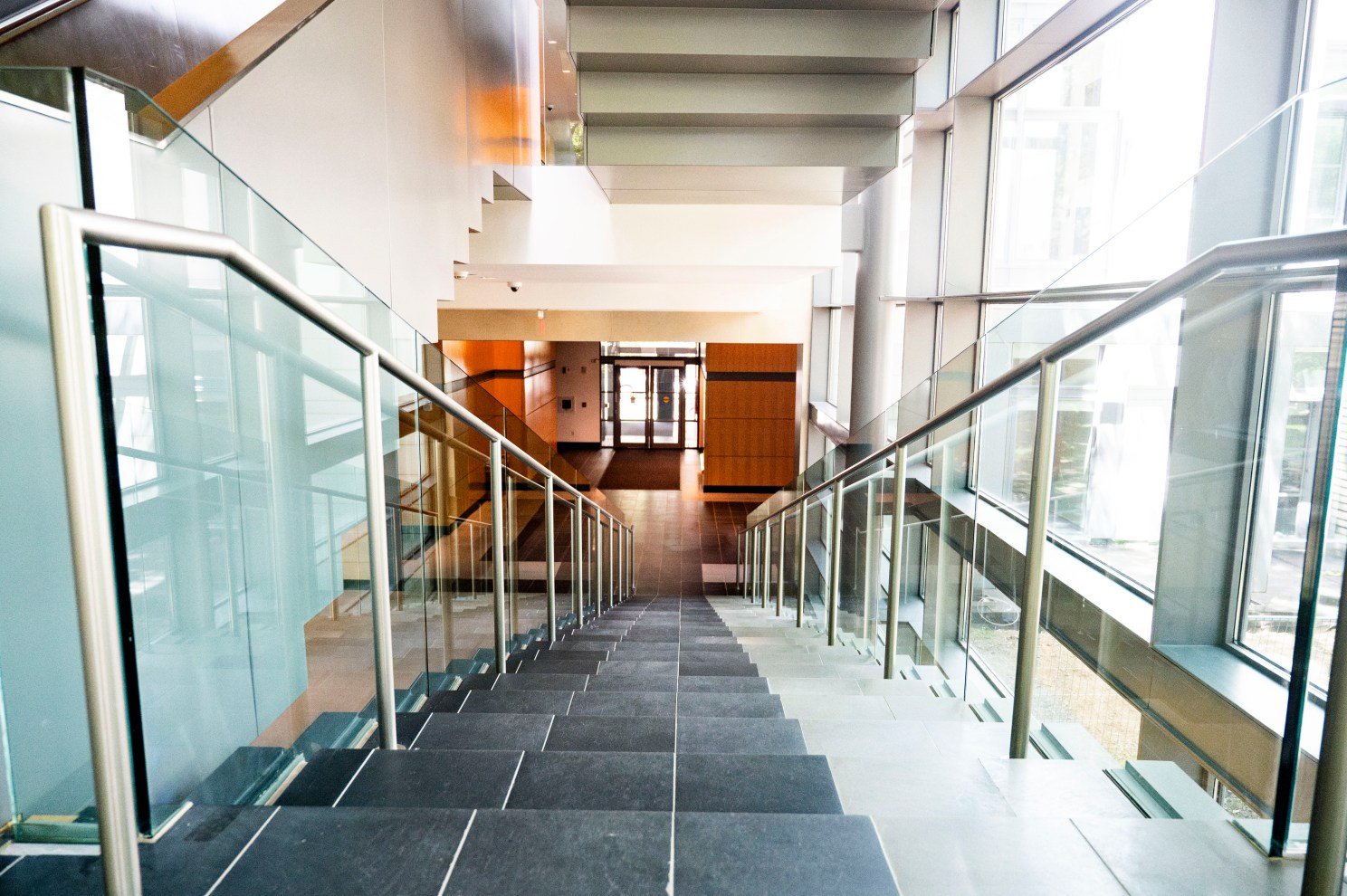 The interior stairwell of the David E. and Stacey L. Goel Quantum Science and Engineering Building.